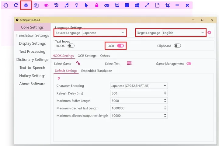 LunaTranslator Configure Core OCR Settings